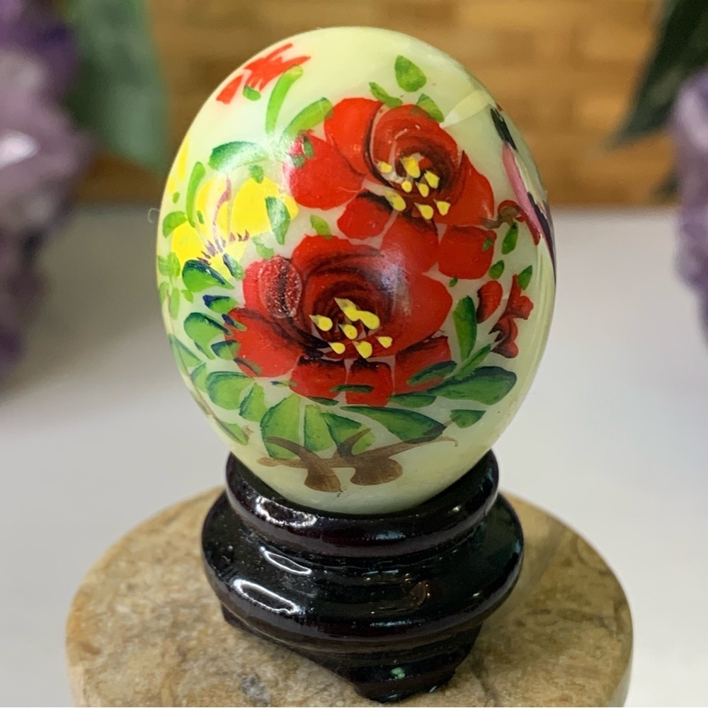 Vintage Hand Painted Green Jade Stone Egg with Red Flowers Bird Wood Stand 1.5"